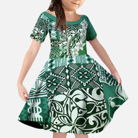 Aloha Vintage Plumeria Hawaiian Tapa Pattern Family Matching Off The Shoulder Long Sleeve Dress and Hawaiian Shirt Green Hawaiian Tapa Pattern LT9 Daughter's Dress Green - Polynesian Pride