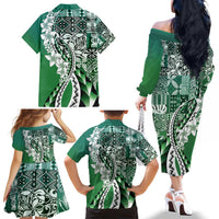 Aloha Vintage Plumeria Hawaiian Tapa Pattern Family Matching Off The Shoulder Long Sleeve Dress and Hawaiian Shirt Green Hawaiian Tapa Pattern LT9 - Polynesian Pride