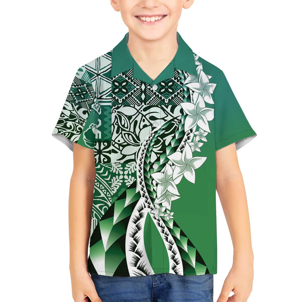 Aloha Vintage Plumeria Hawaiian Tapa Pattern Family Matching Off The Shoulder Long Sleeve Dress and Hawaiian Shirt Green Hawaiian Tapa Pattern LT9 Son's Shirt Green - Polynesian Pride