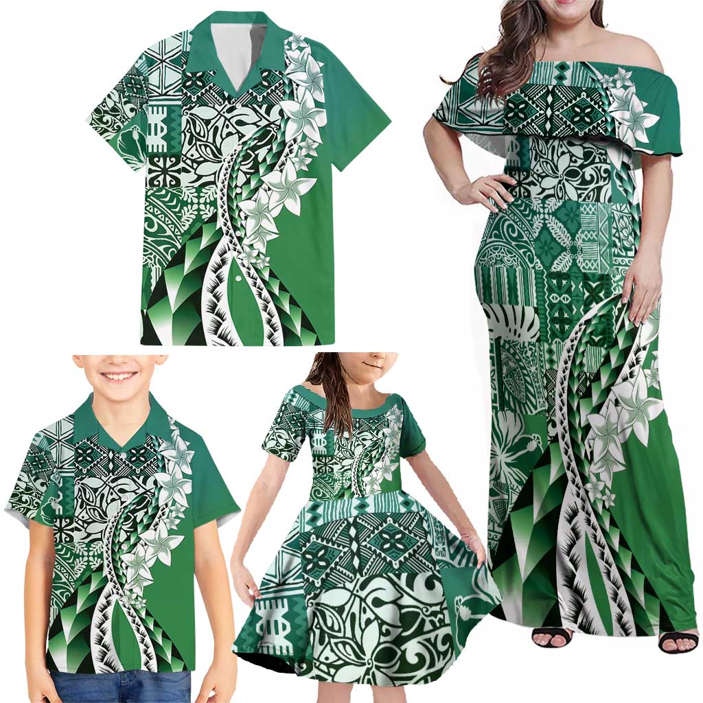 Aloha Vintage Plumeria Hawaiian Tapa Pattern Family Matching Off Shoulder Maxi Dress and Hawaiian Shirt Green Hawaiian Tapa Pattern LT9 - Polynesian Pride