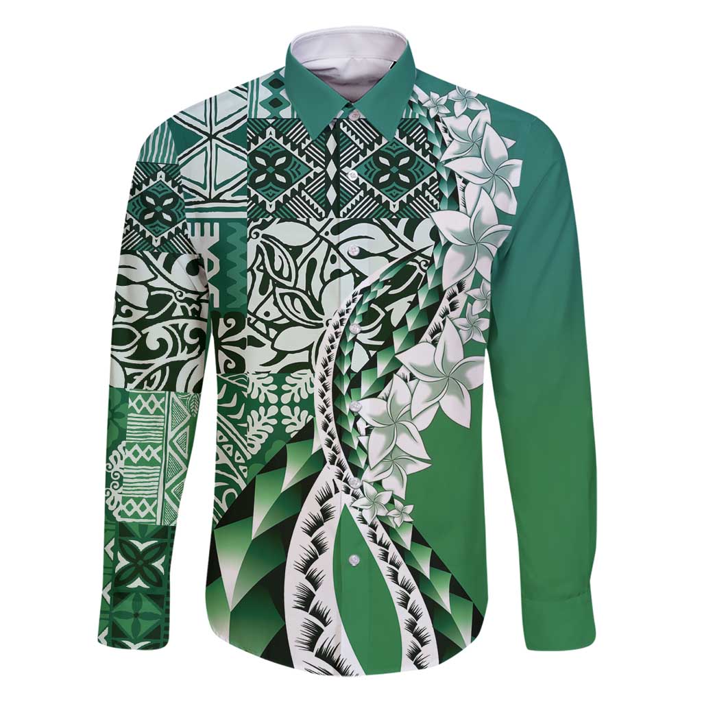 Aloha Vintage Plumeria Hawaiian Tapa Pattern Family Matching Off Shoulder Maxi Dress and Hawaiian Shirt Green Hawaiian Tapa Pattern LT9 Dad's Shirt - Long Sleeve Green - Polynesian Pride