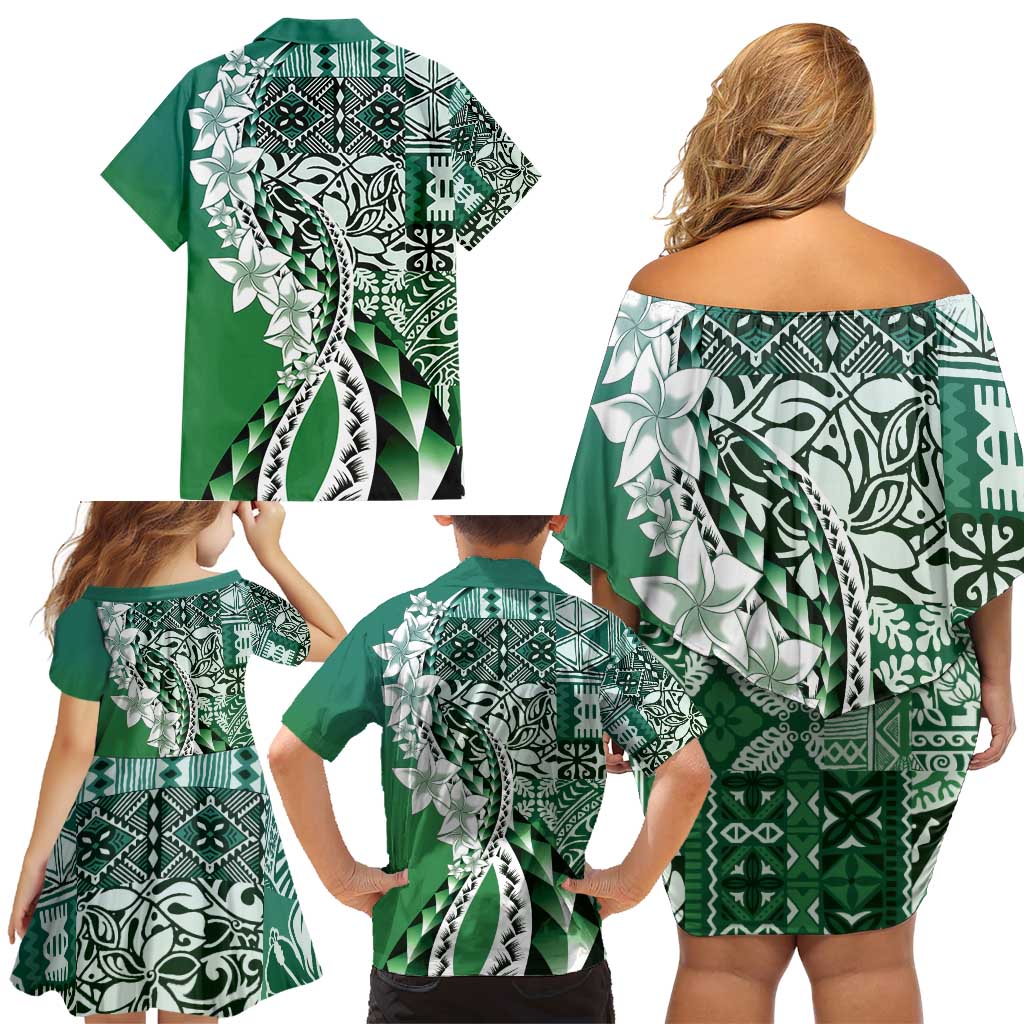 Aloha Vintage Plumeria Hawaiian Tapa Pattern Family Matching Off Shoulder Short Dress and Hawaiian Shirt Green Hawaiian Tapa Pattern LT9 - Polynesian Pride