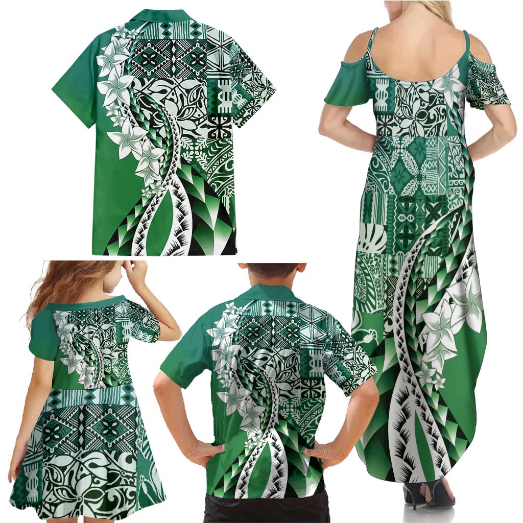 Aloha Vintage Plumeria Hawaiian Tapa Pattern Family Matching Summer Maxi Dress and Hawaiian Shirt Green Hawaiian Tapa Pattern LT9 - Polynesian Pride