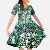 Aloha Vintage Plumeria Hawaiian Tapa Pattern Family Matching Tank Maxi Dress and Hawaiian Shirt Green Hawaiian Tapa Pattern LT9 Daughter's Dress Green - Polynesian Pride
