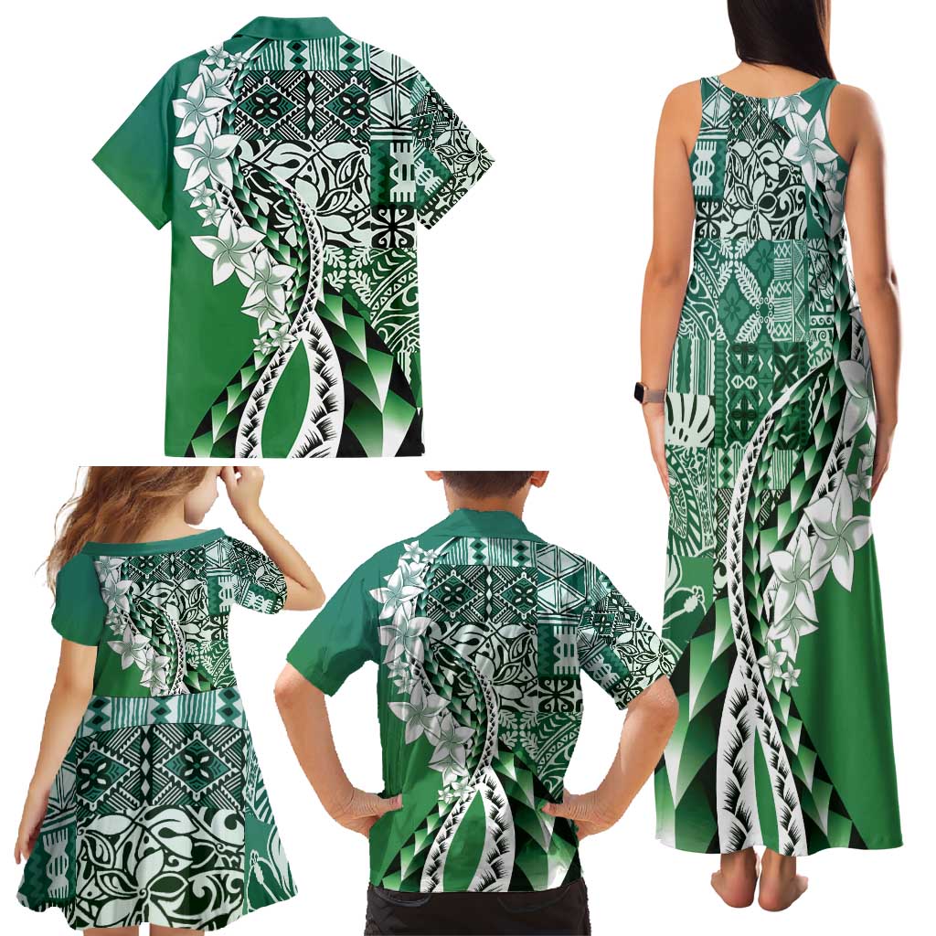 Aloha Vintage Plumeria Hawaiian Tapa Pattern Family Matching Tank Maxi Dress and Hawaiian Shirt Green Hawaiian Tapa Pattern LT9 - Polynesian Pride