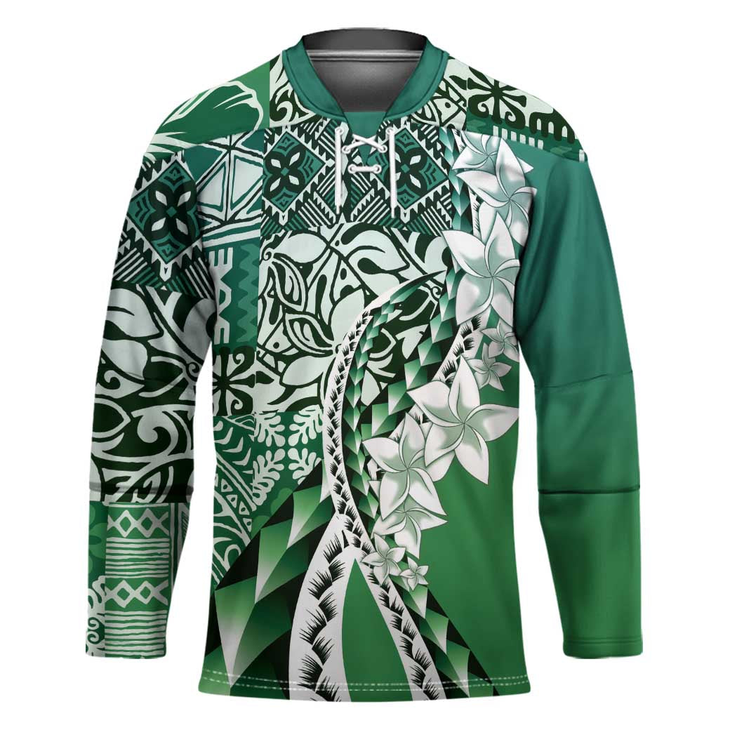 Aloha Vintage Plumeria Hawaiian Tapa Pattern Hockey Jersey Green Hawaiian Tapa Pattern - Polynesian Pride