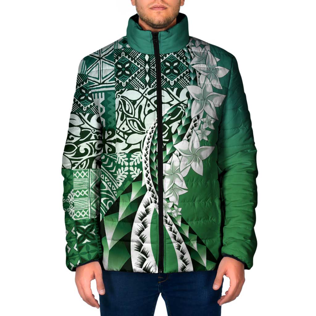 Aloha Vintage Plumeria Hawaiian Tapa Pattern Padded Jacket Green Hawaiian Tapa Pattern - Polynesian Pride