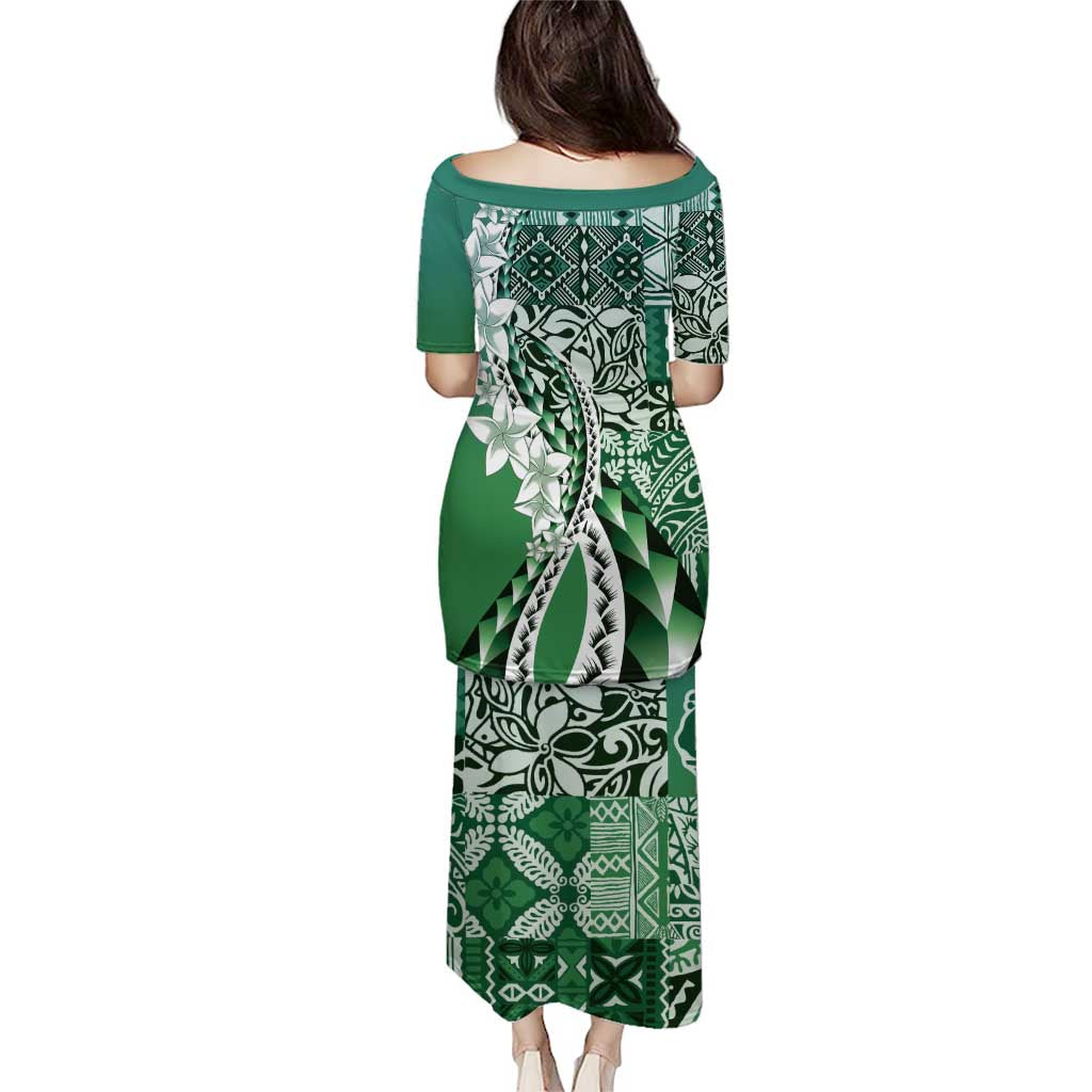 Aloha Vintage Plumeria Hawaiian Tapa Pattern Puletasi Green Hawaiian Tapa Pattern - Polynesian Pride