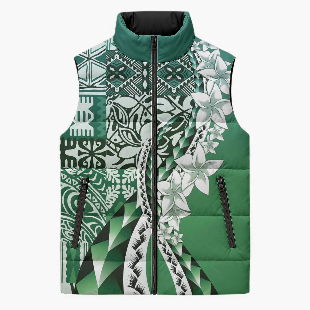 Aloha Vintage Plumeria Hawaiian Tapa Pattern Sleeveless Puffer Jacket Green Hawaiian Tapa Pattern - Polynesian Pride