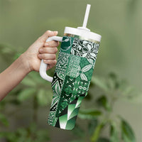 Aloha Vintage Plumeria Hawaiian Tapa Pattern Tumbler With Handle Green Hawaiian Tapa Pattern - Polynesian Pride