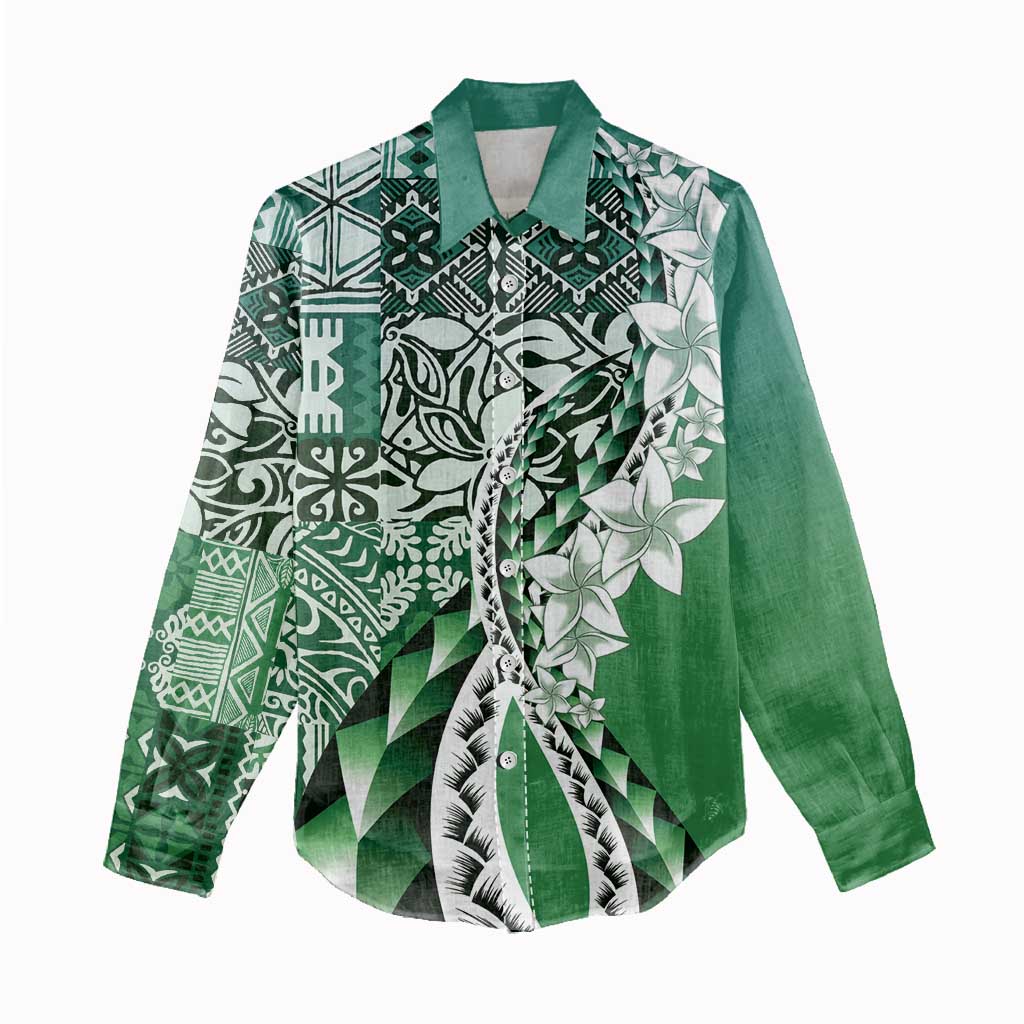 Aloha Vintage Plumeria Hawaiian Tapa Pattern Women Casual Shirt Green Hawaiian Tapa Pattern - Polynesian Pride