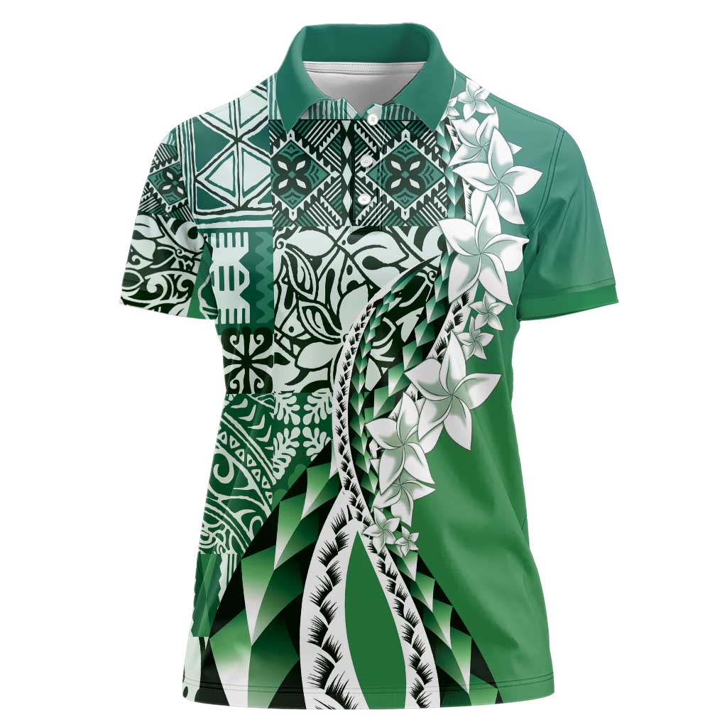 Aloha Vintage Plumeria Hawaiian Tapa Pattern Women Polo Shirt Green Hawaiian Tapa Pattern - Polynesian Pride