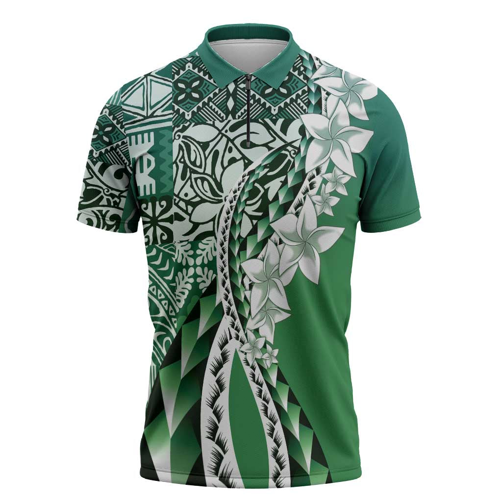 Aloha Vintage Plumeria Hawaiian Tapa Pattern Zipper Polo Shirt Green Hawaiian Tapa Pattern - Polynesian Pride