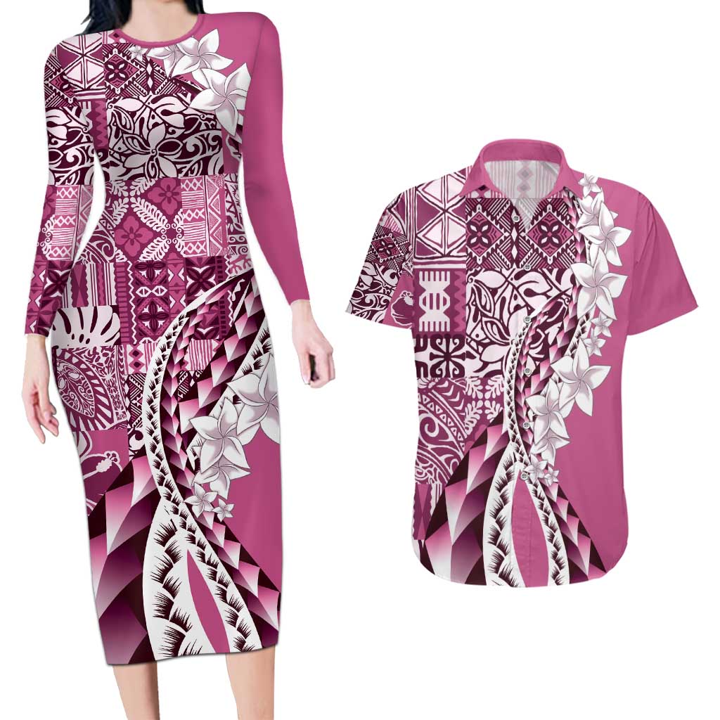 Aloha Vintage Plumeria Hawaiian Tapa Pattern Couples Matching Long Sleeve Bodycon Dress and Hawaiian Shirt Pink Hawaiian Tapa Pattern LT9 Pink - Polynesian Pride