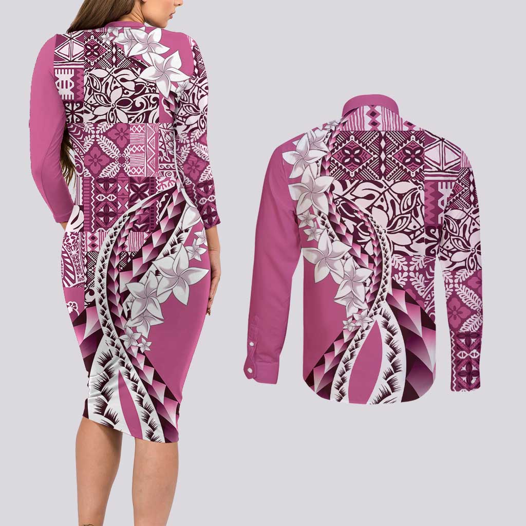 Aloha Vintage Plumeria Hawaiian Tapa Pattern Couples Matching Long Sleeve Bodycon Dress and Long Sleeve Button Shirt Pink Hawaiian Tapa Pattern - Polynesian Pride