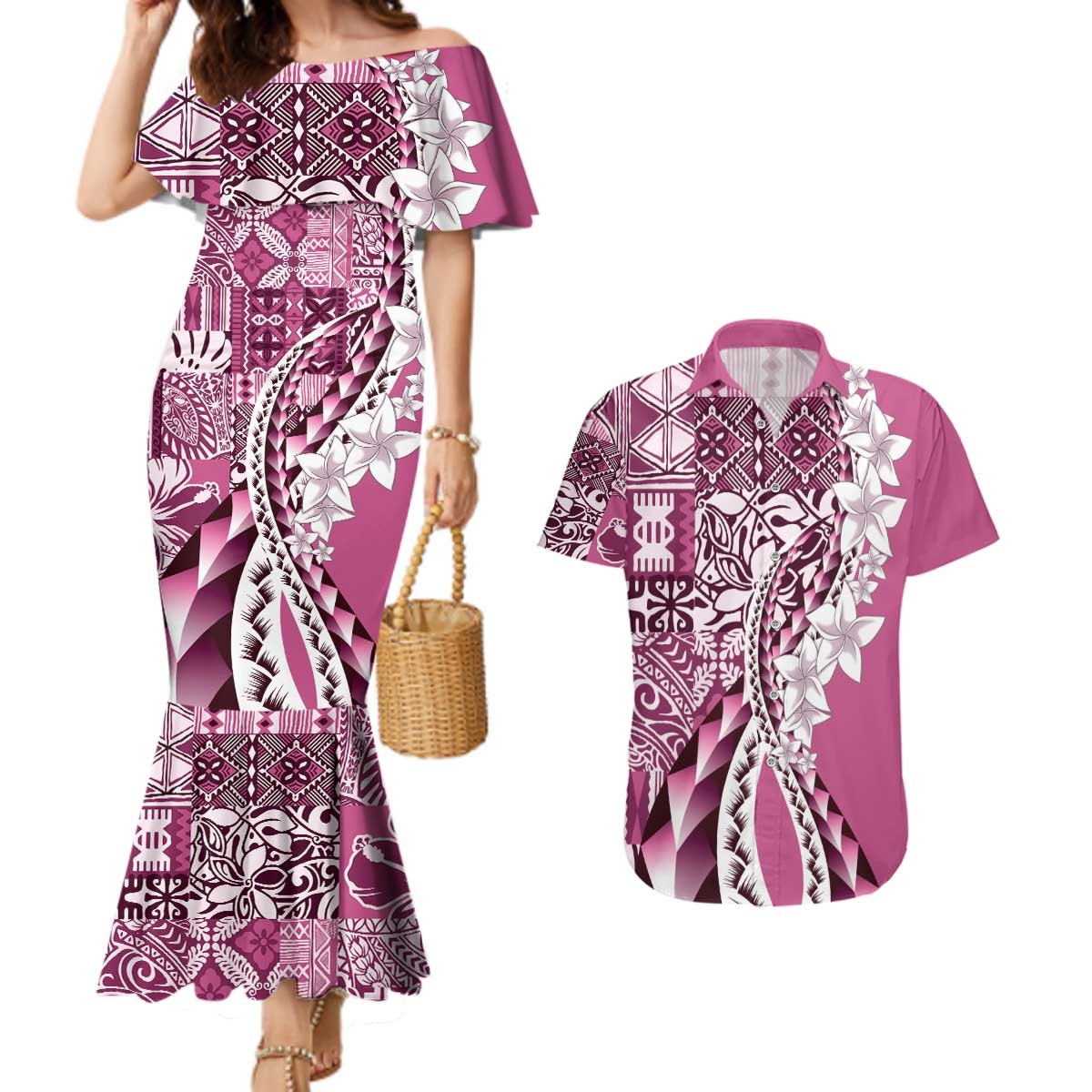 Aloha Vintage Plumeria Hawaiian Tapa Pattern Couples Matching Mermaid Dress and Hawaiian Shirt Pink Hawaiian Tapa Pattern - Polynesian Pride