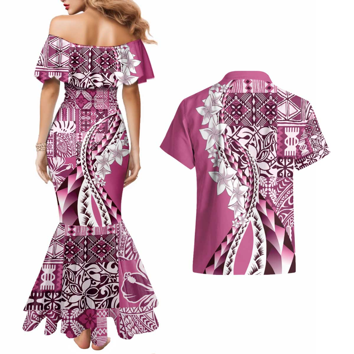 Aloha Vintage Plumeria Hawaiian Tapa Pattern Couples Matching Mermaid Dress and Hawaiian Shirt Pink Hawaiian Tapa Pattern - Polynesian Pride