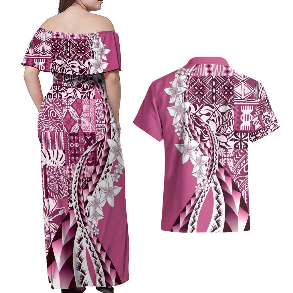 Aloha Vintage Plumeria Hawaiian Tapa Pattern Couples Matching Off Shoulder Maxi Dress and Hawaiian Shirt Pink Hawaiian Tapa Pattern - Polynesian Pride