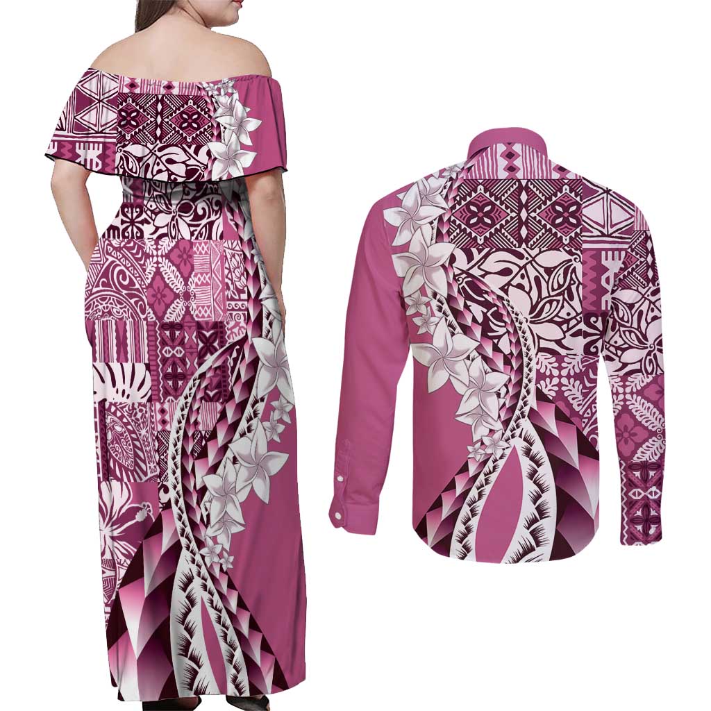 Aloha Vintage Plumeria Hawaiian Tapa Pattern Couples Matching Off Shoulder Maxi Dress and Long Sleeve Button Shirt Pink Hawaiian Tapa Pattern - Polynesian Pride