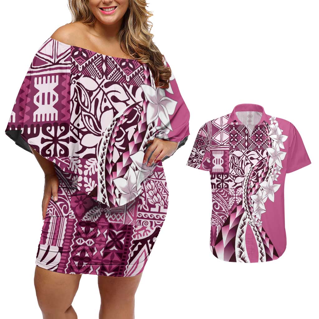 Aloha Vintage Plumeria Hawaiian Tapa Pattern Couples Matching Off Shoulder Short Dress and Hawaiian Shirt Pink Hawaiian Tapa Pattern - Polynesian Pride