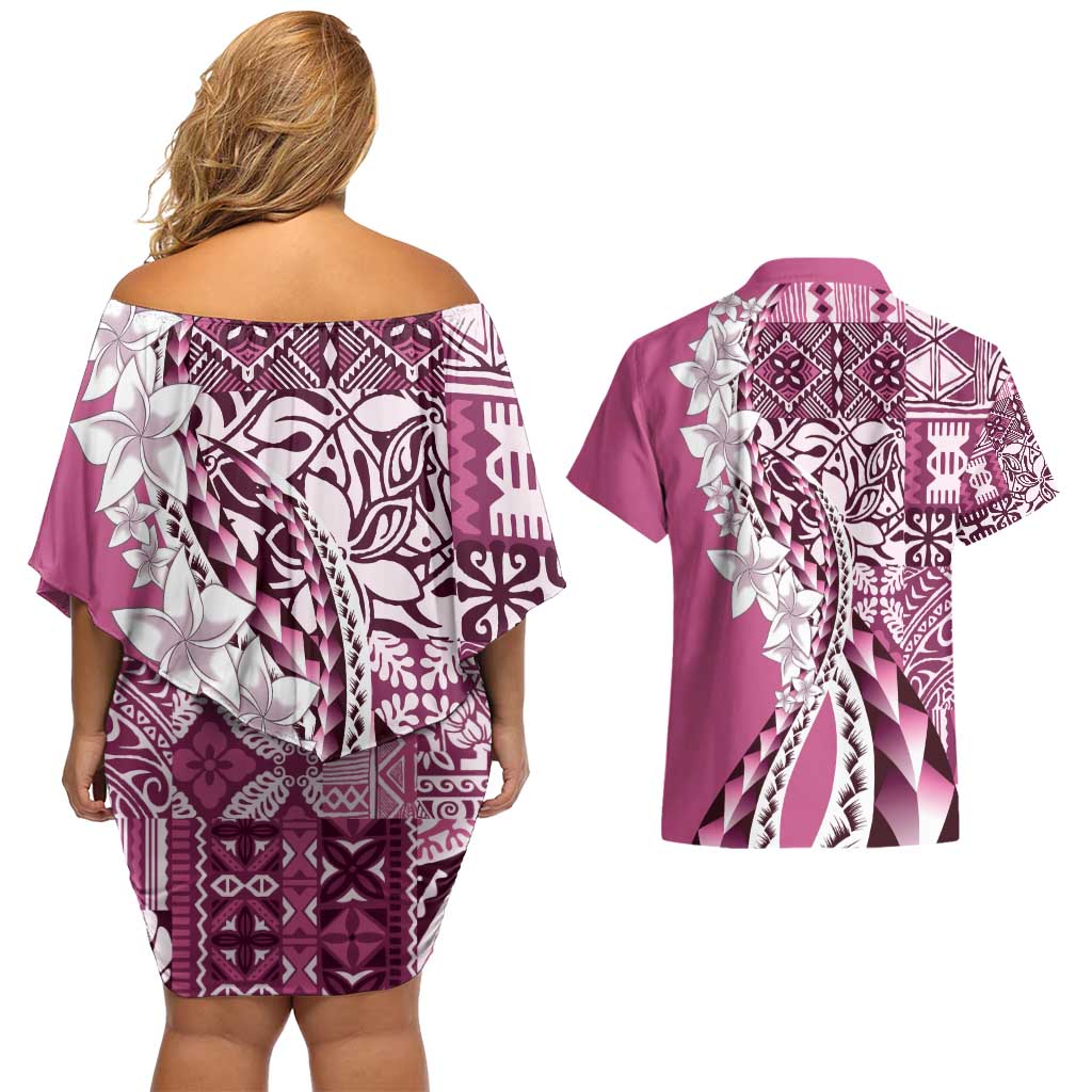 Aloha Vintage Plumeria Hawaiian Tapa Pattern Couples Matching Off Shoulder Short Dress and Hawaiian Shirt Pink Hawaiian Tapa Pattern - Polynesian Pride