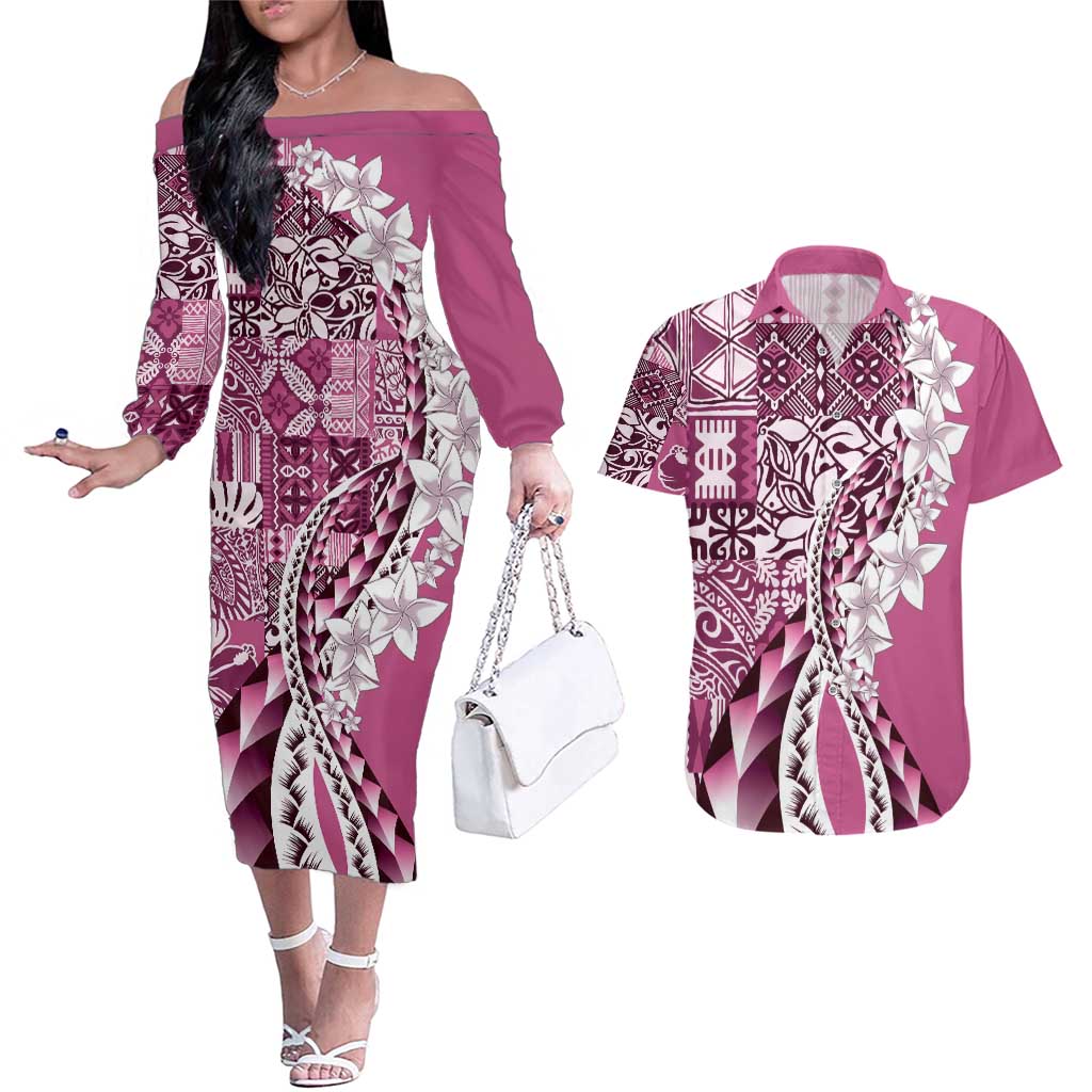 Aloha Vintage Plumeria Hawaiian Tapa Pattern Couples Matching Off The Shoulder Long Sleeve Dress and Hawaiian Shirt Pink Hawaiian Tapa Pattern - Polynesian Pride