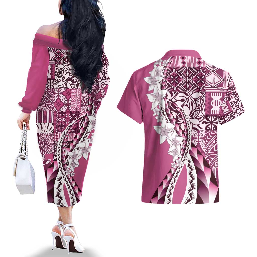 Aloha Vintage Plumeria Hawaiian Tapa Pattern Couples Matching Off The Shoulder Long Sleeve Dress and Hawaiian Shirt Pink Hawaiian Tapa Pattern LT9 - Polynesian Pride