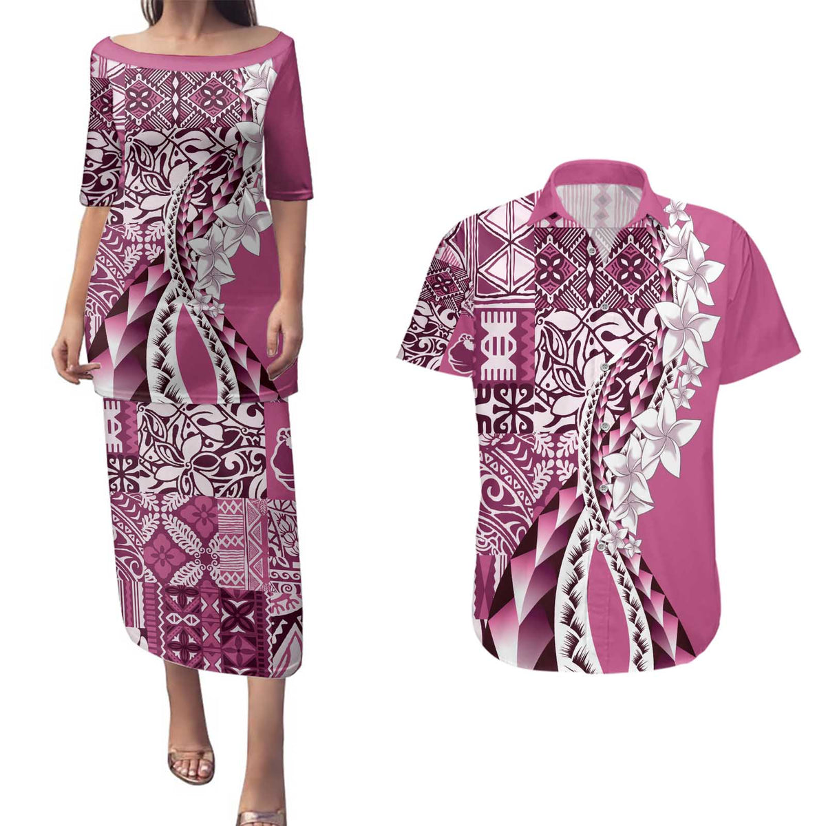 Aloha Vintage Plumeria Hawaiian Tapa Pattern Couples Matching Puletasi and Hawaiian Shirt Pink Hawaiian Tapa Pattern - Polynesian Pride