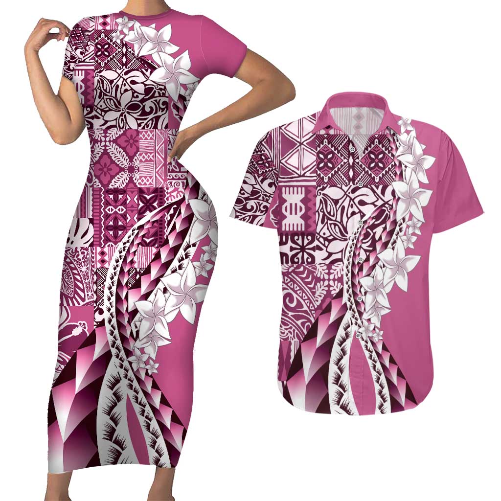 Aloha Vintage Plumeria Hawaiian Tapa Pattern Couples Matching Short Sleeve Bodycon Dress and Hawaiian Shirt Pink Hawaiian Tapa Pattern LT9 Pink - Polynesian Pride
