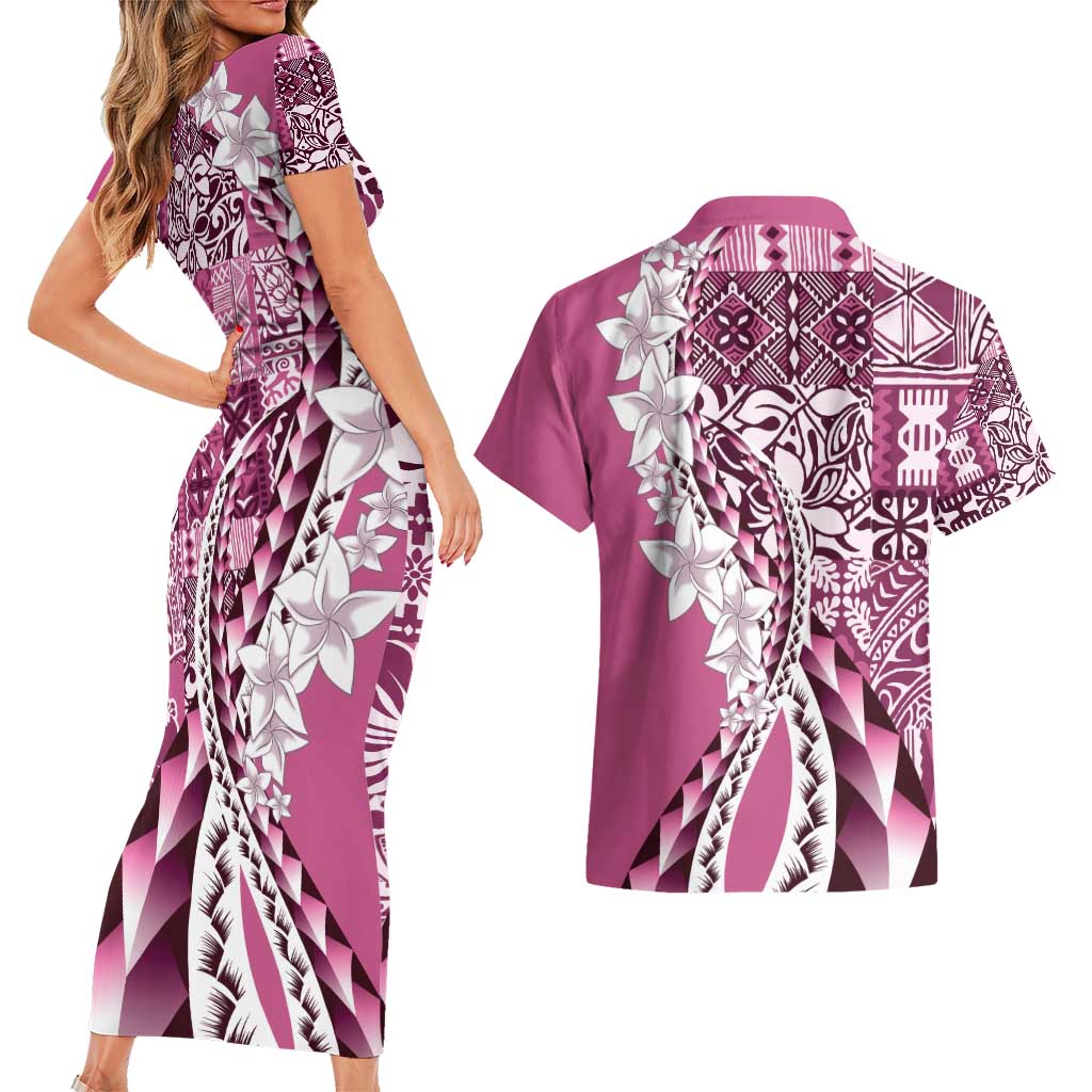 Aloha Vintage Plumeria Hawaiian Tapa Pattern Couples Matching Short Sleeve Bodycon Dress and Hawaiian Shirt Pink Hawaiian Tapa Pattern LT9 - Polynesian Pride