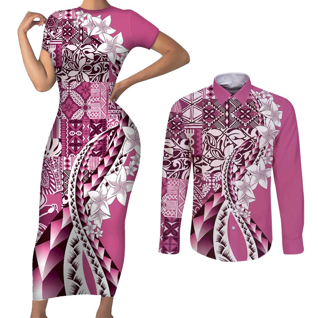 Aloha Vintage Plumeria Hawaiian Tapa Pattern Couples Matching Short Sleeve Bodycon Dress and Long Sleeve Button Shirt Pink Hawaiian Tapa Pattern - Polynesian Pride