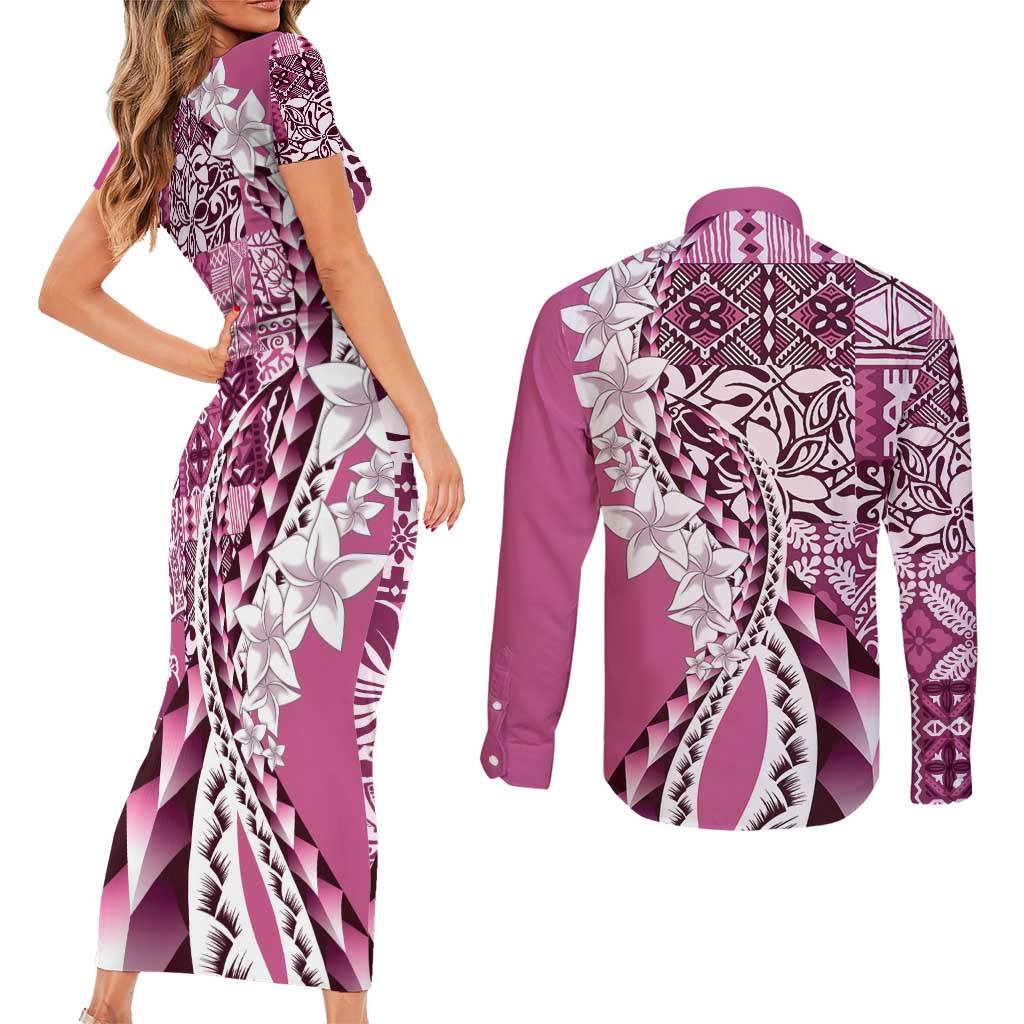 Aloha Vintage Plumeria Hawaiian Tapa Pattern Couples Matching Short Sleeve Bodycon Dress and Long Sleeve Button Shirt Pink Hawaiian Tapa Pattern - Polynesian Pride