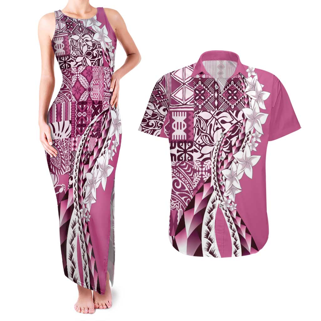 Aloha Vintage Plumeria Hawaiian Tapa Pattern Couples Matching Tank Maxi Dress and Hawaiian Shirt Pink Hawaiian Tapa Pattern - Polynesian Pride