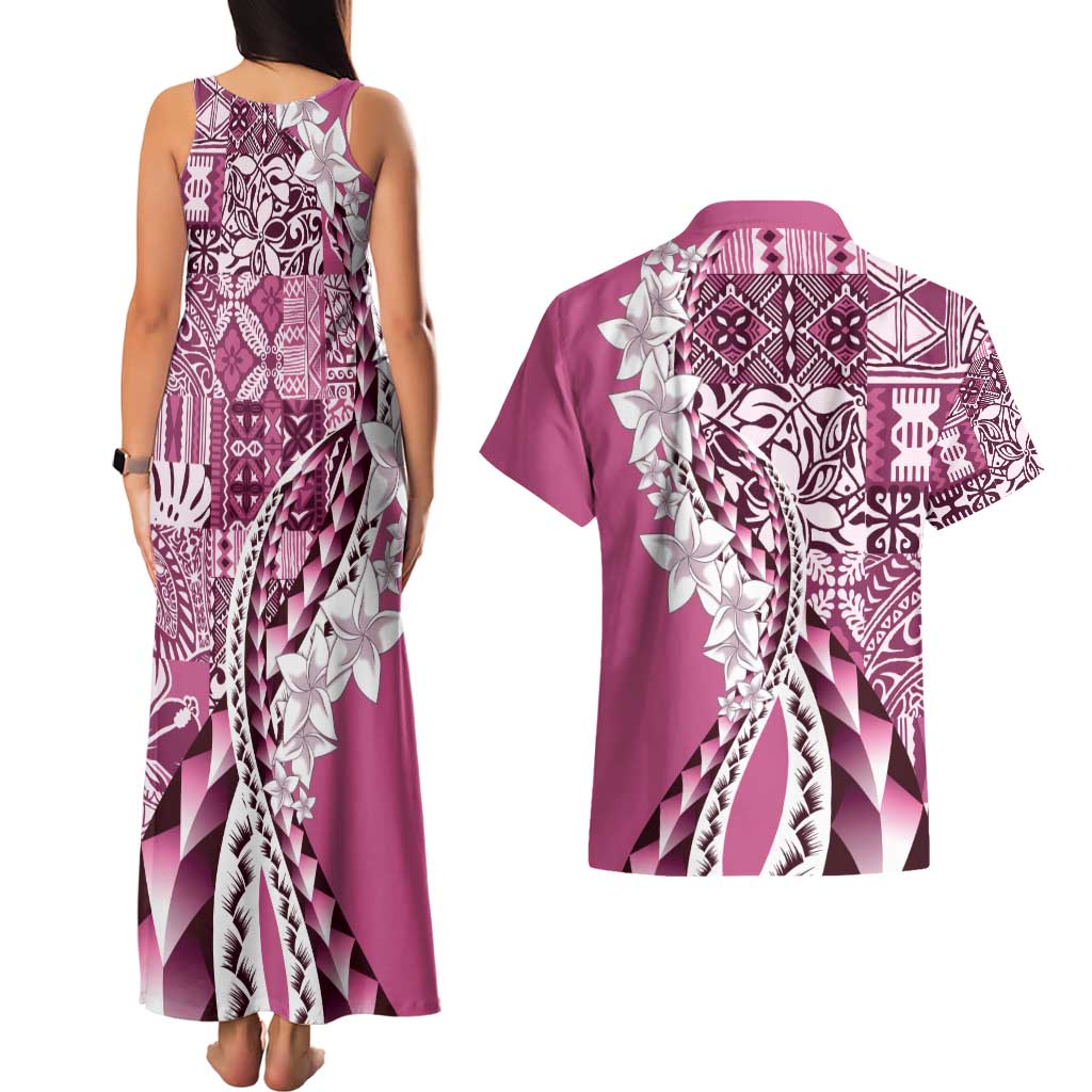 Aloha Vintage Plumeria Hawaiian Tapa Pattern Couples Matching Tank Maxi Dress and Hawaiian Shirt Pink Hawaiian Tapa Pattern - Polynesian Pride
