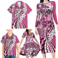 Aloha Vintage Plumeria Hawaiian Tapa Pattern Family Matching Long Sleeve Bodycon Dress and Hawaiian Shirt Pink Hawaiian Tapa Pattern LT9 - Polynesian Pride