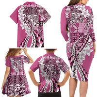 Aloha Vintage Plumeria Hawaiian Tapa Pattern Family Matching Long Sleeve Bodycon Dress and Hawaiian Shirt Pink Hawaiian Tapa Pattern LT9 - Polynesian Pride