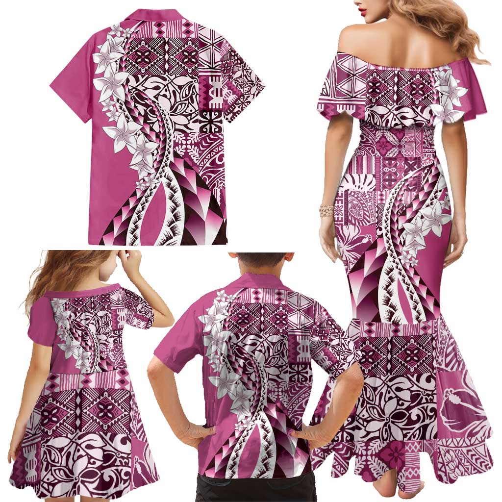 Aloha Vintage Plumeria Hawaiian Tapa Pattern Family Matching Mermaid Dress and Hawaiian Shirt Pink Hawaiian Tapa Pattern LT9 - Polynesian Pride