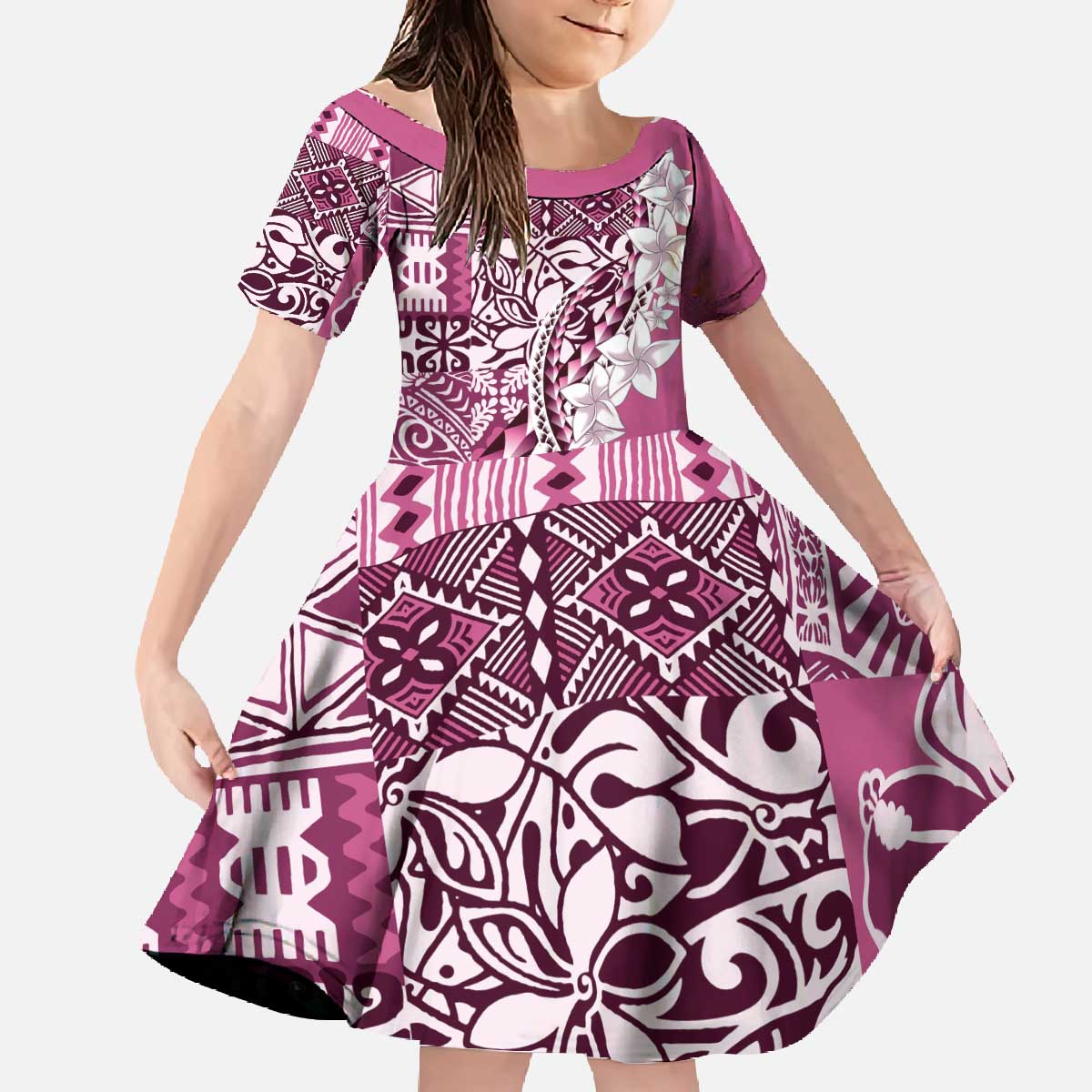 Aloha Vintage Plumeria Hawaiian Tapa Pattern Family Matching Off The Shoulder Long Sleeve Dress and Hawaiian Shirt Pink Hawaiian Tapa Pattern LT9 Daughter's Dress Pink - Polynesian Pride