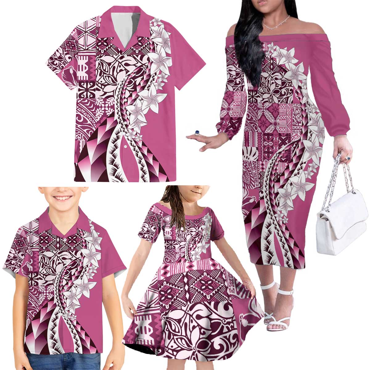 Aloha Vintage Plumeria Hawaiian Tapa Pattern Family Matching Off The Shoulder Long Sleeve Dress and Hawaiian Shirt Pink Hawaiian Tapa Pattern LT9 - Polynesian Pride