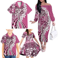 Aloha Vintage Plumeria Hawaiian Tapa Pattern Family Matching Off The Shoulder Long Sleeve Dress and Hawaiian Shirt Pink Hawaiian Tapa Pattern LT9 - Polynesian Pride