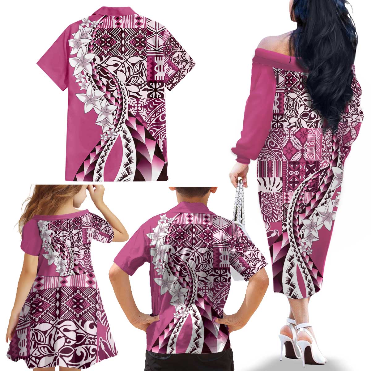 Aloha Vintage Plumeria Hawaiian Tapa Pattern Family Matching Off The Shoulder Long Sleeve Dress and Hawaiian Shirt Pink Hawaiian Tapa Pattern LT9 - Polynesian Pride