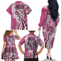 Aloha Vintage Plumeria Hawaiian Tapa Pattern Family Matching Off The Shoulder Long Sleeve Dress and Hawaiian Shirt Pink Hawaiian Tapa Pattern LT9 - Polynesian Pride