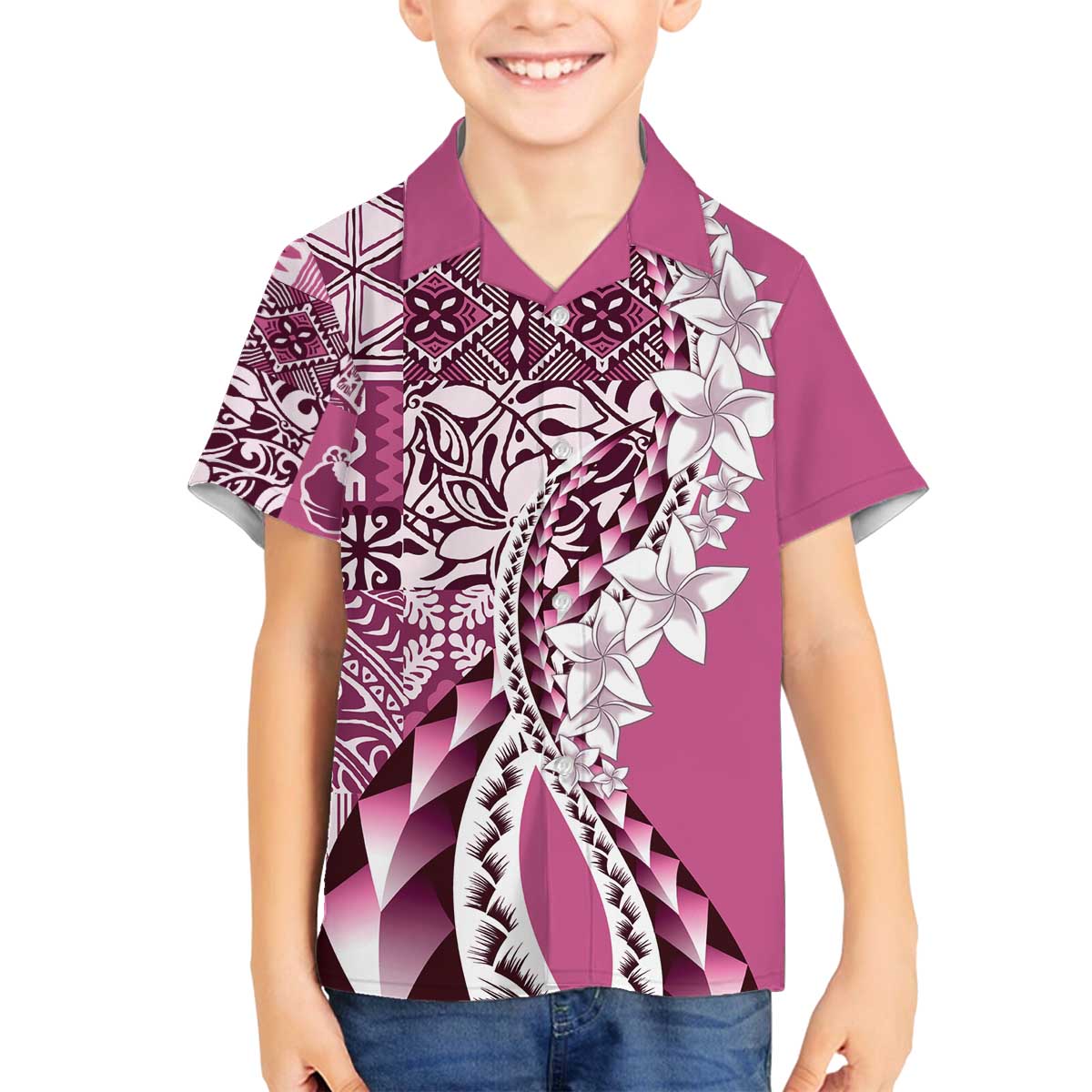 Aloha Vintage Plumeria Hawaiian Tapa Pattern Family Matching Off The Shoulder Long Sleeve Dress and Hawaiian Shirt Pink Hawaiian Tapa Pattern LT9 Son's Shirt Pink - Polynesian Pride