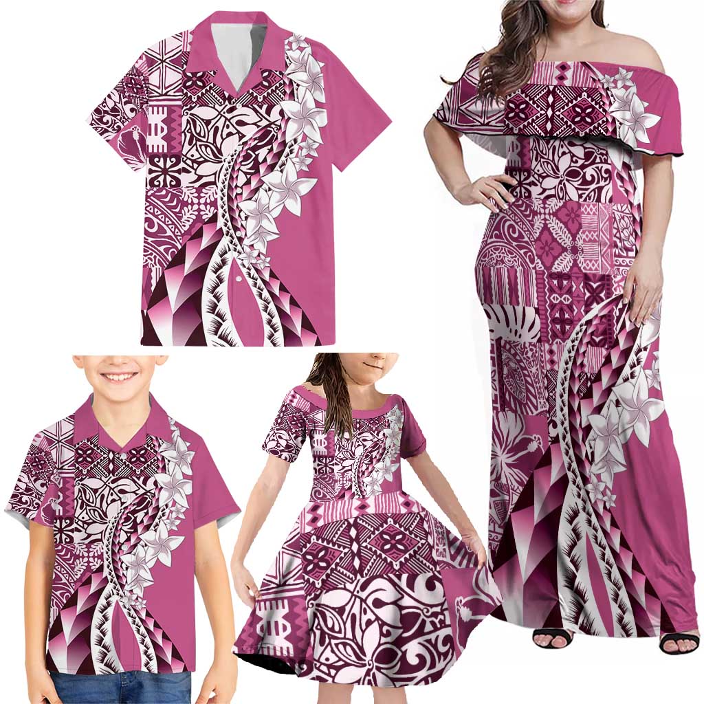 Aloha Vintage Plumeria Hawaiian Tapa Pattern Family Matching Off Shoulder Maxi Dress and Hawaiian Shirt Pink Hawaiian Tapa Pattern LT9 - Polynesian Pride