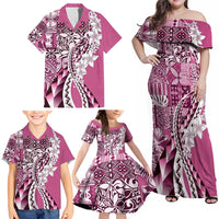 Aloha Vintage Plumeria Hawaiian Tapa Pattern Family Matching Off Shoulder Maxi Dress and Hawaiian Shirt Pink Hawaiian Tapa Pattern LT9 - Polynesian Pride