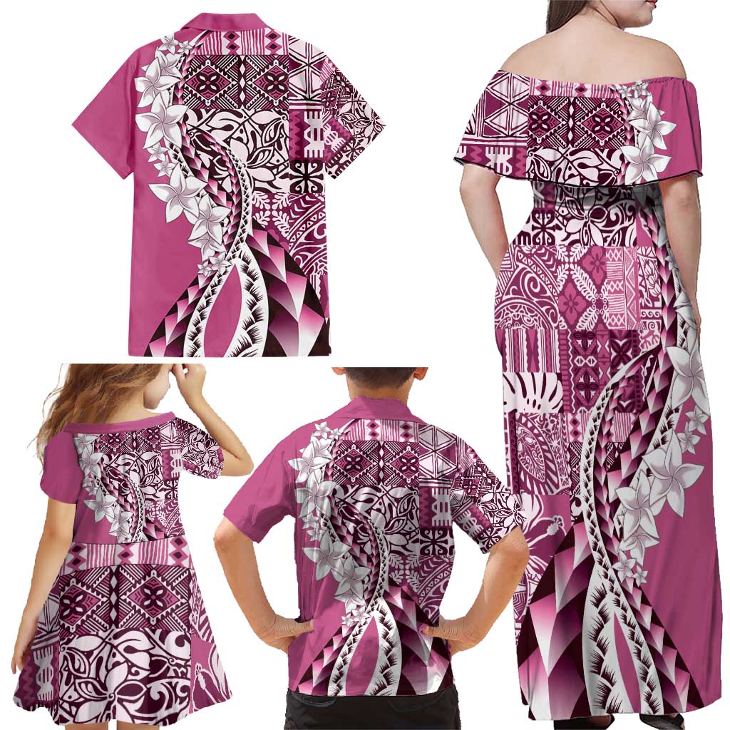 Aloha Vintage Plumeria Hawaiian Tapa Pattern Family Matching Off Shoulder Maxi Dress and Hawaiian Shirt Pink Hawaiian Tapa Pattern LT9 - Polynesian Pride
