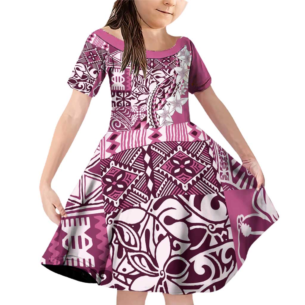 Aloha Vintage Plumeria Hawaiian Tapa Pattern Family Matching Off Shoulder Short Dress and Hawaiian Shirt Pink Hawaiian Tapa Pattern LT9 Daughter's Dress Pink - Polynesian Pride