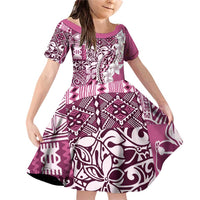 Aloha Vintage Plumeria Hawaiian Tapa Pattern Family Matching Off Shoulder Short Dress and Hawaiian Shirt Pink Hawaiian Tapa Pattern LT9 Daughter's Dress Pink - Polynesian Pride