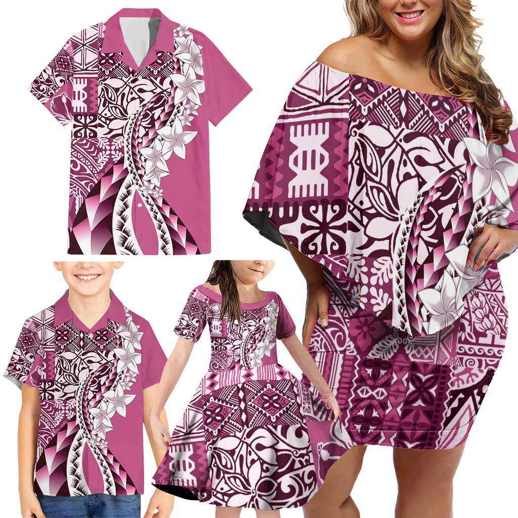 Aloha Vintage Plumeria Hawaiian Tapa Pattern Family Matching Off Shoulder Short Dress and Hawaiian Shirt Pink Hawaiian Tapa Pattern LT9 - Polynesian Pride