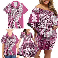 Aloha Vintage Plumeria Hawaiian Tapa Pattern Family Matching Off Shoulder Short Dress and Hawaiian Shirt Pink Hawaiian Tapa Pattern LT9 - Polynesian Pride